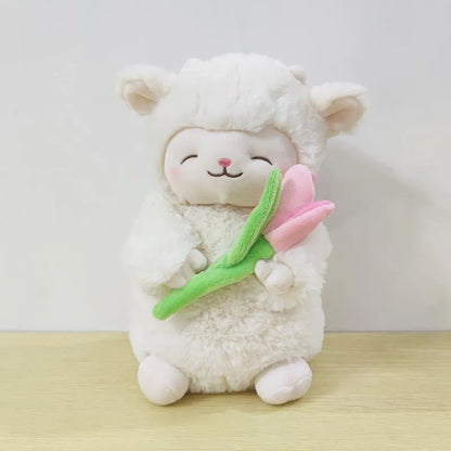 Kawaii White Sheep Lamb Plush with Tulip Flower