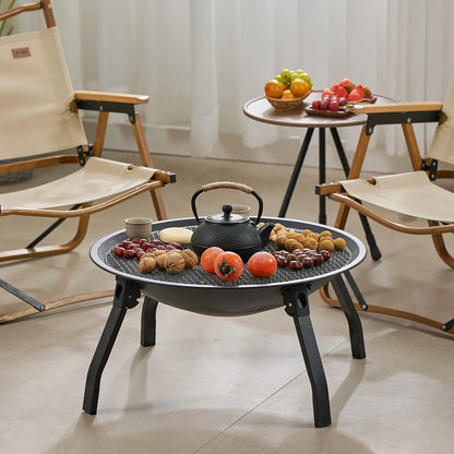 Outdoor Charcoal Fire Pit Portable Iron Fire Bowl with Folding Legs Black