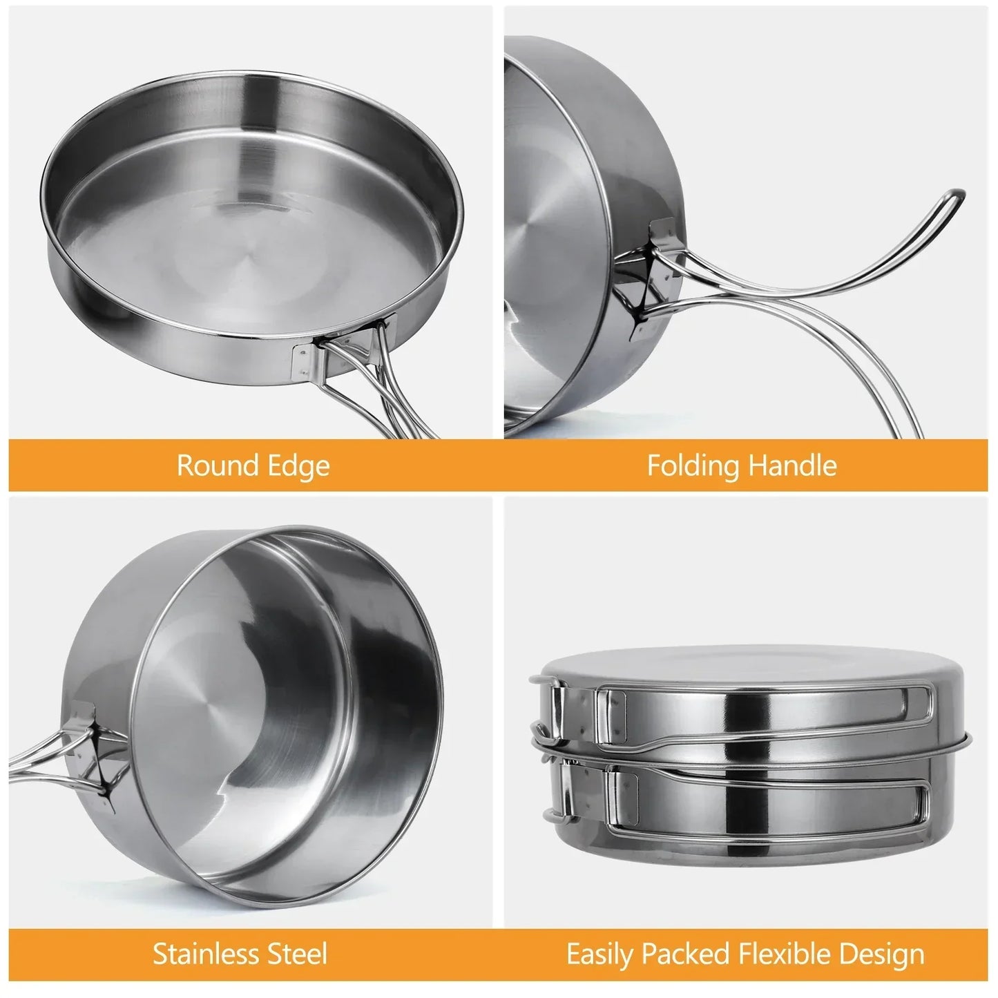 Outdoor Stainless-Steel Camping Cookware Set - Silver