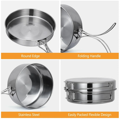 Outdoor Stainless-Steel Camping Cookware Set - Silver
