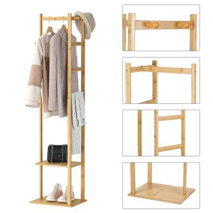 Yellow Bamboo Garment Rack with 2 Tier Shelves - Free-Standing Wooden Clothing Rack