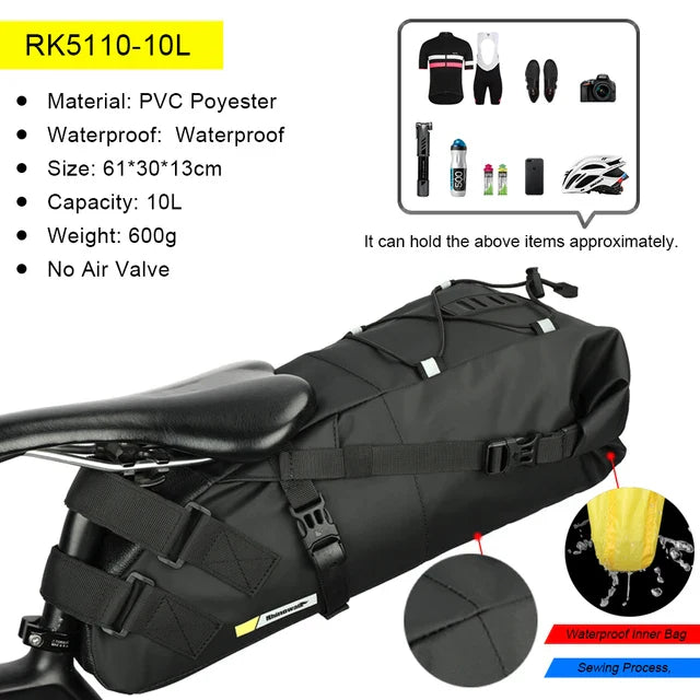 10L Waterproof Bike Saddle Bag Large Rear Pannier Black