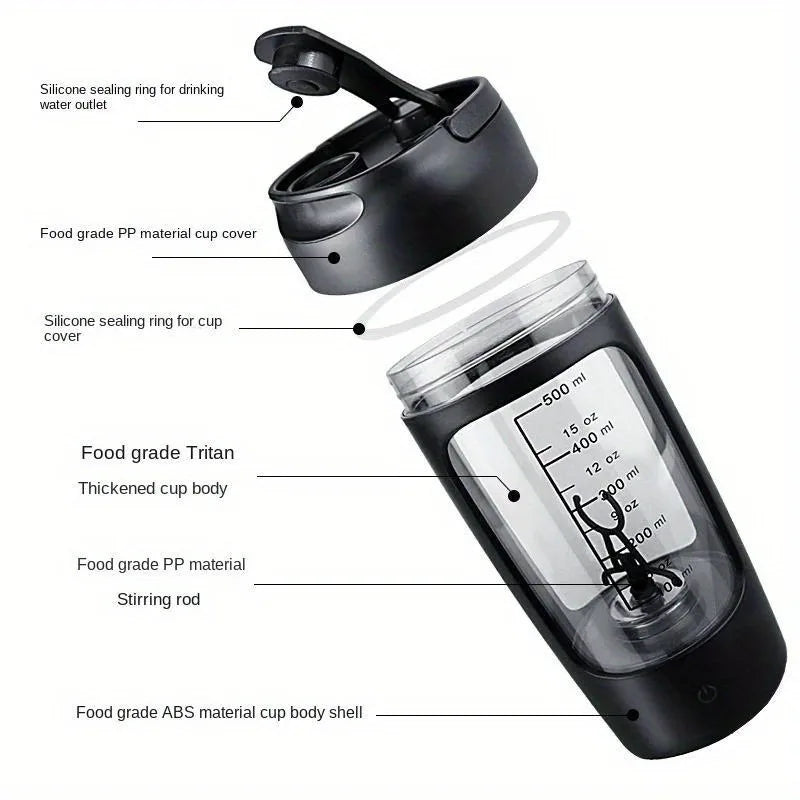 500ML Electric Shaker Bottle USB C Rechargeable Automatic Mixer Black