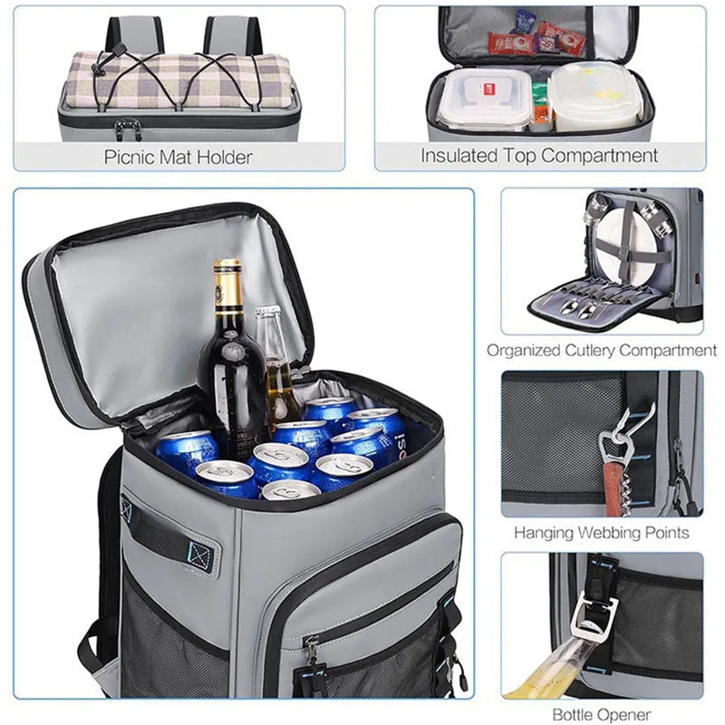 30L Camping Insulated Backpack Hot Cold Storage Gray