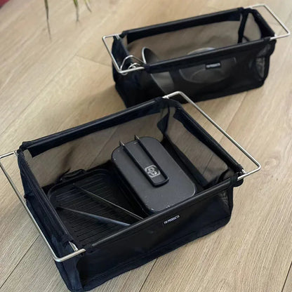 Folding Camping Mesh Basket Drainable Storage Bag Black