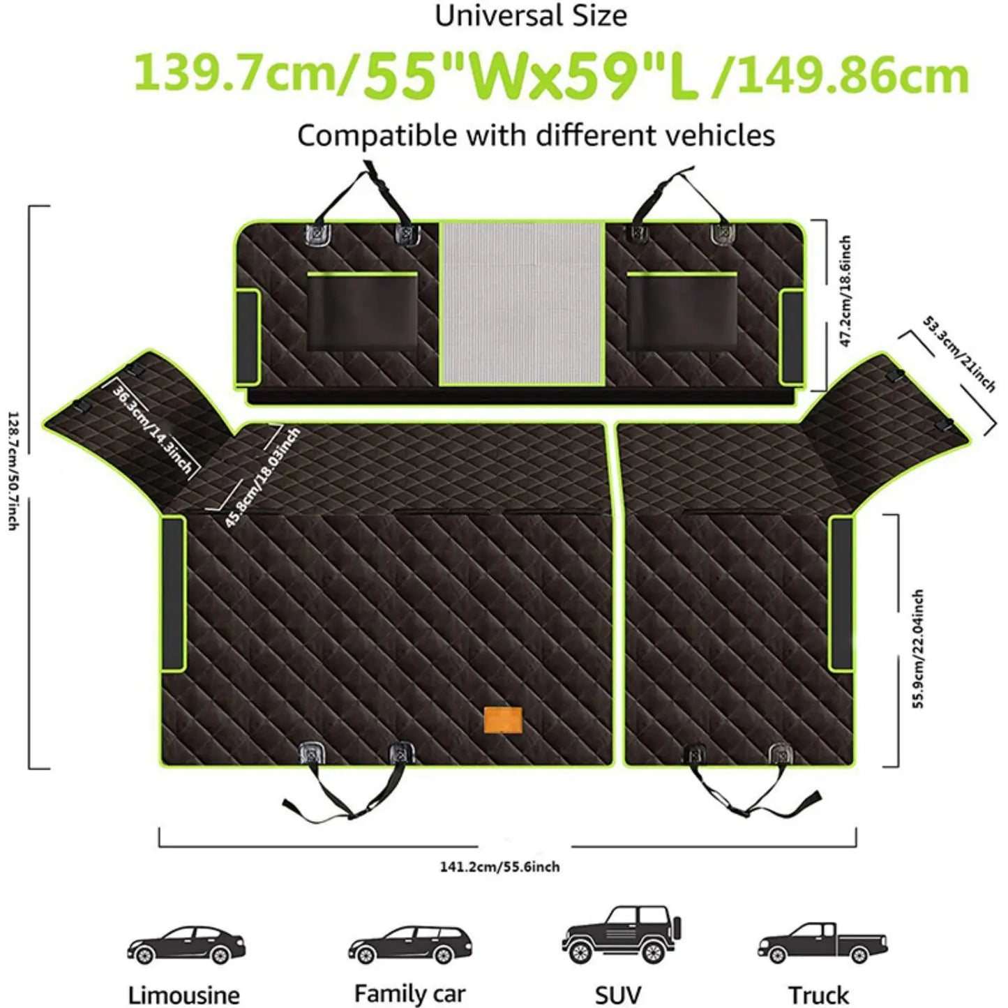 6-in-1 Waterproof Dog Car Seat Cover for Back Seat Hammock Style Green