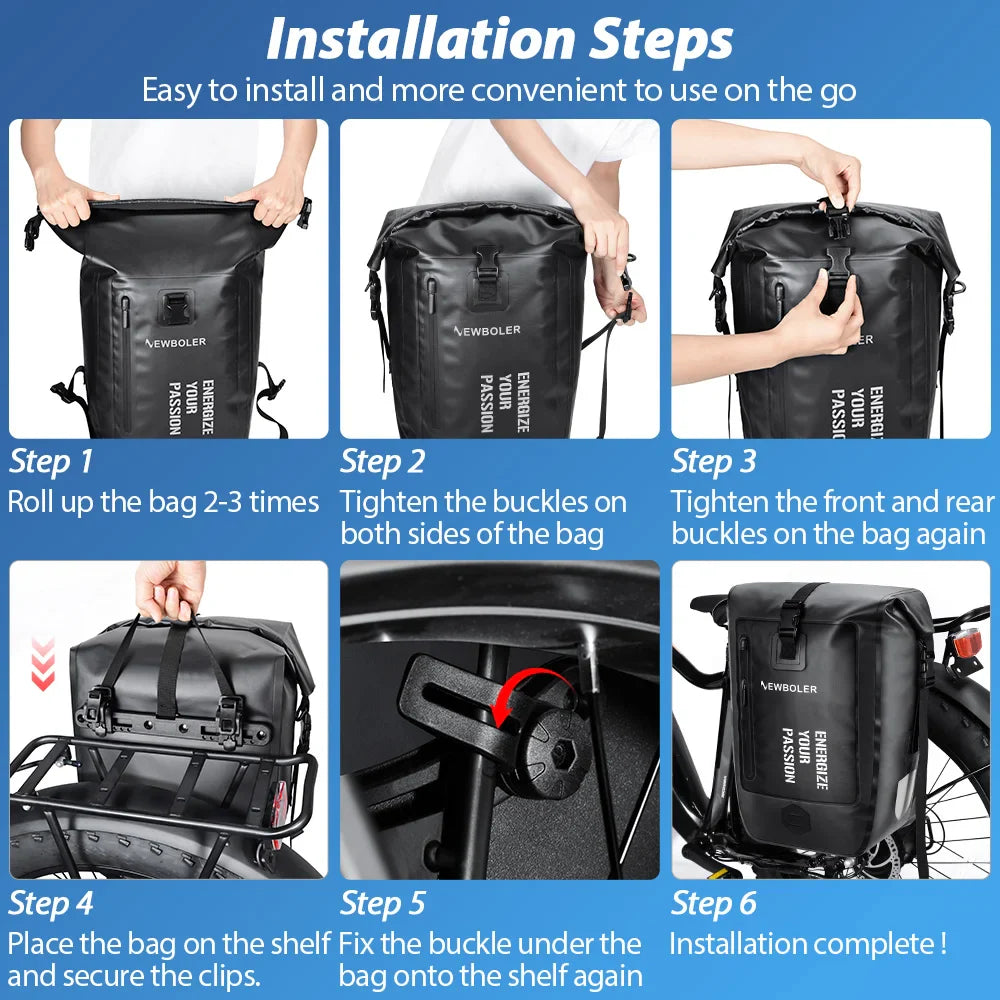 27L Waterproof Bike Pannier Bag with Roll-Top Closure Black