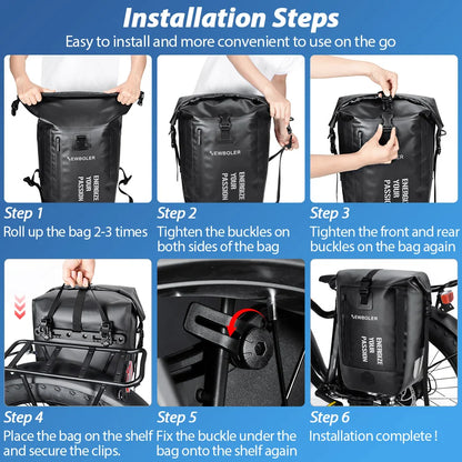 27L Waterproof Bike Pannier Bag with Roll-Top Closure Black