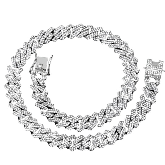 Silver chain necklace with diamond-like stones on a black background