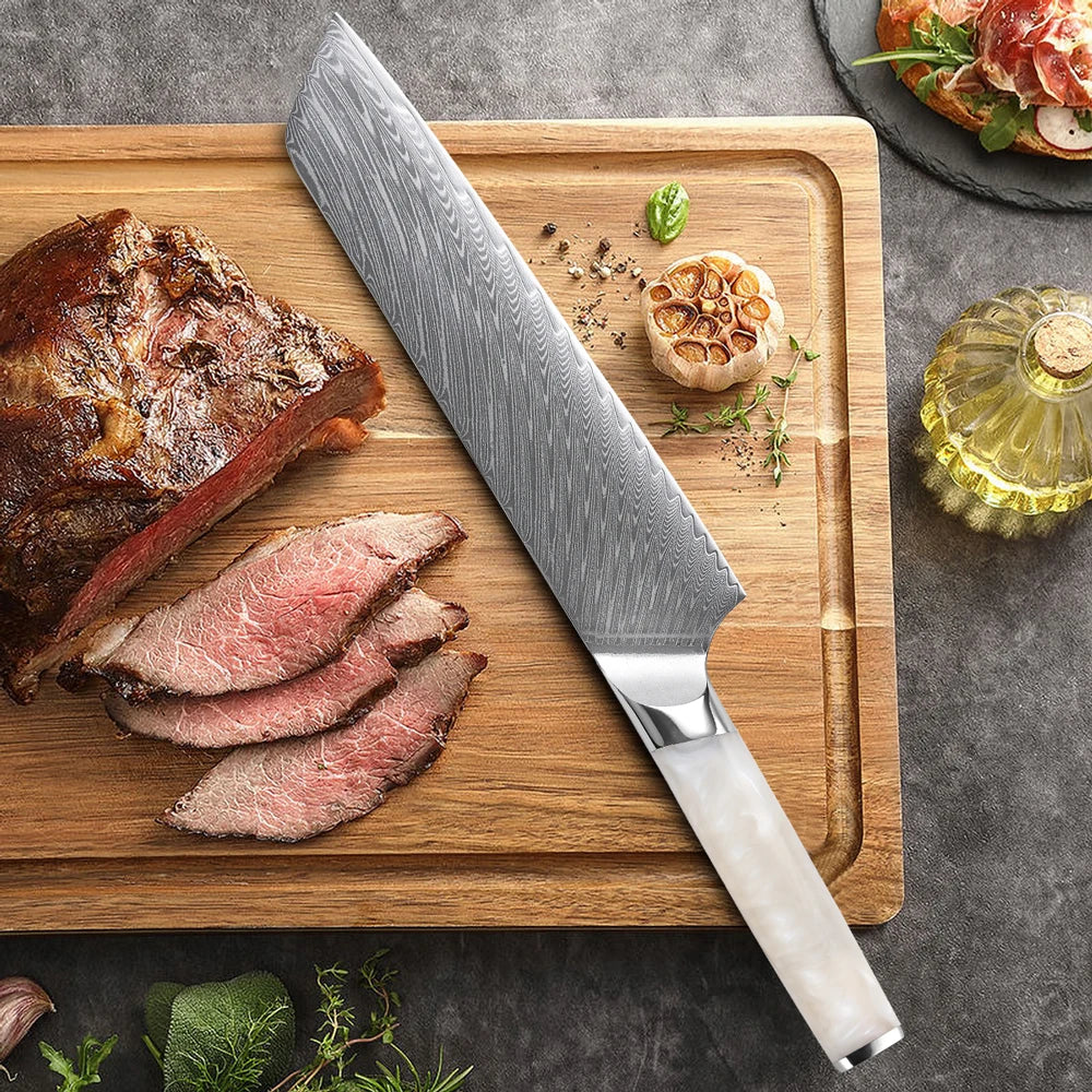 8.5-Inch Damascus Steel Chef Knife 67-Layer Blade with Resin Handle White