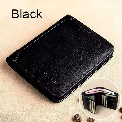 Black Genuine Leather Retro Business Wallet - Short Card Holder & Coin Purse