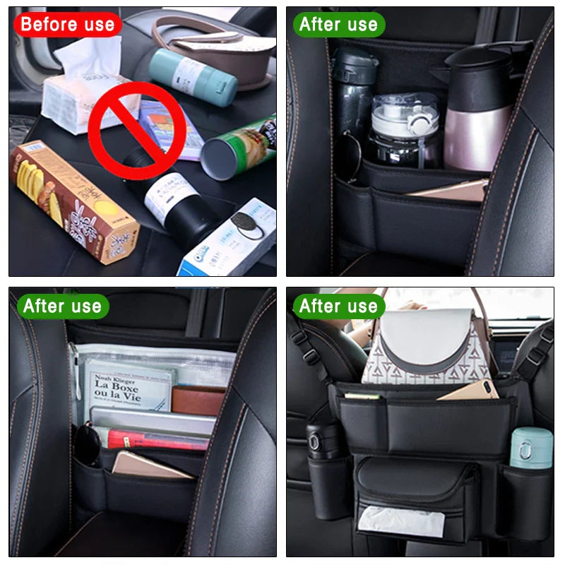 Multifunctional Leather Car Seat Storage Bag Hanging Organizer Black