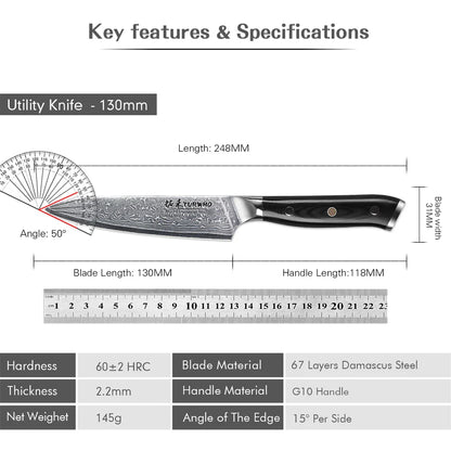 5-Inch Damascus Steel Utility Knife VG10 Core G10 Handle Black