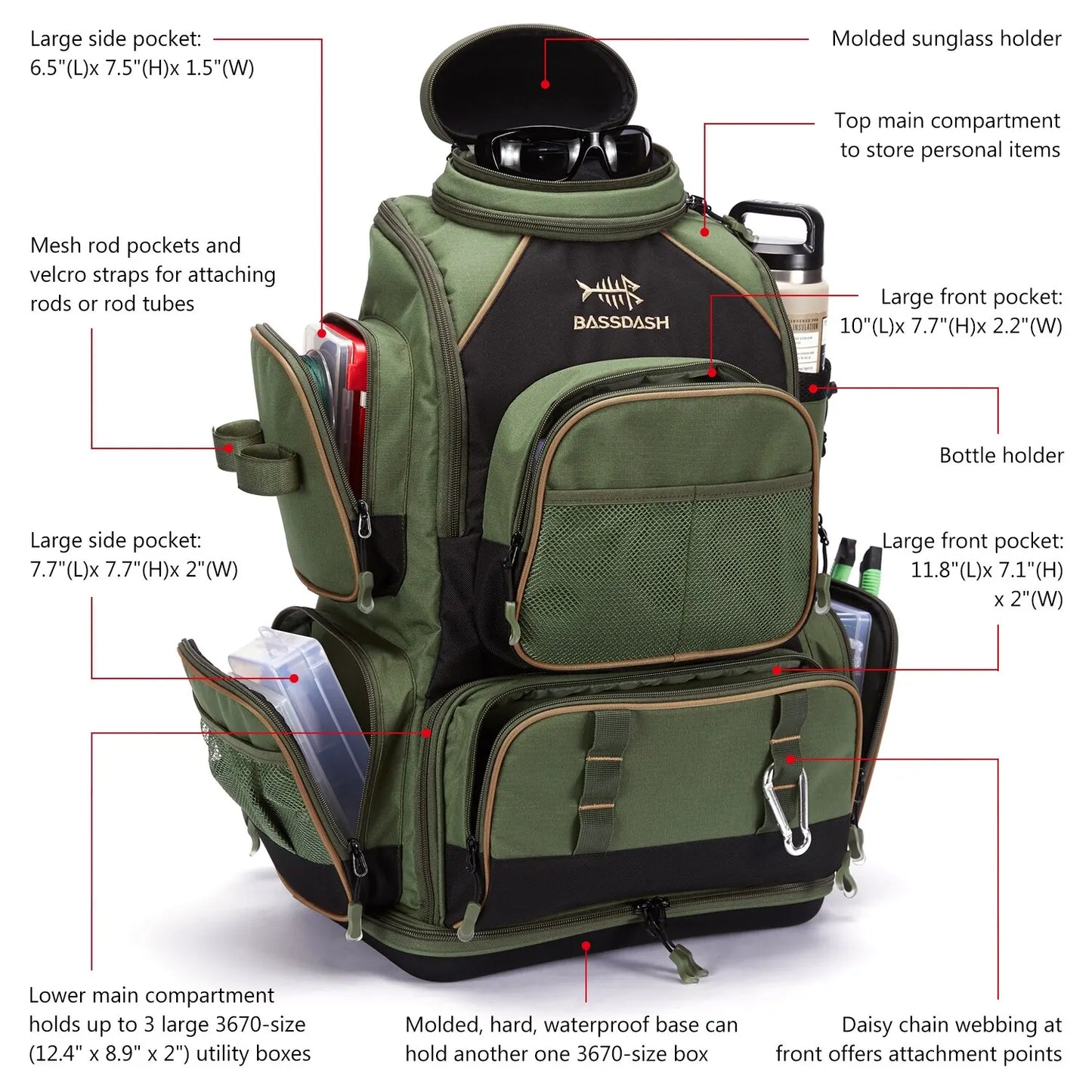NNEOBATackle Backpack with Rain Cover Rod Holders Army Green
