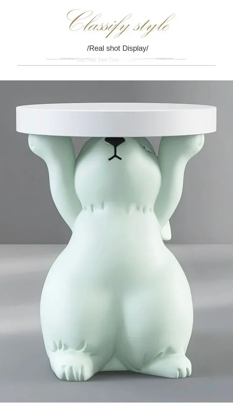 Artistic Rabbit Statue Tea Table - Light Green Round Side Table for Home Decor