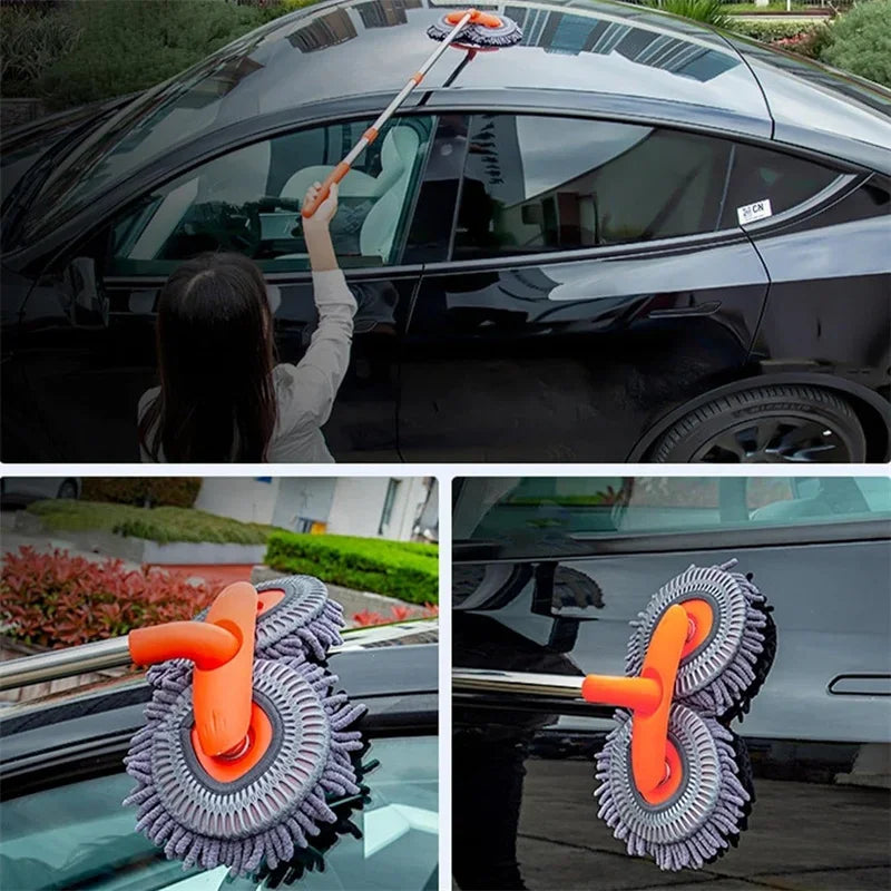 Rotating Car Wash Mop Brush–3-Section Telescopic Double Head Orange