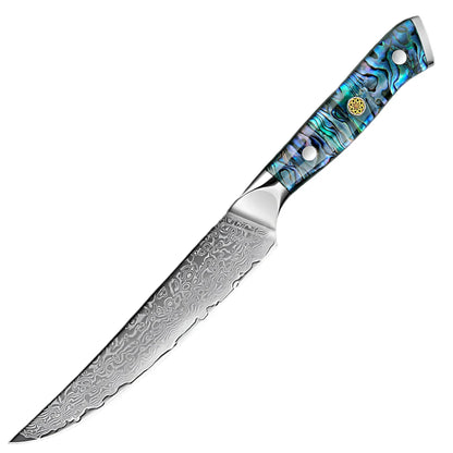6-Inch Damascus Utility Knife Abalone Shell Handle Blue