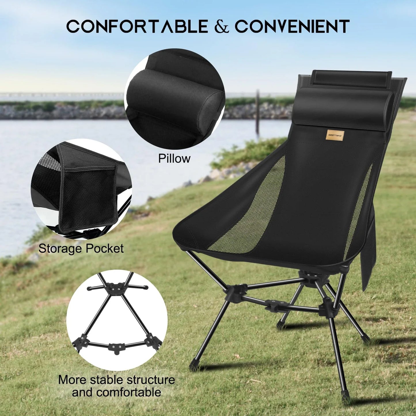 Portable Camping Chair with Headrest Black
