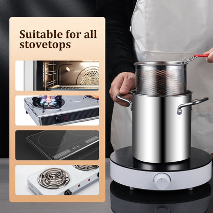 3PCS Deep Fryer Pot Set 304 Stainless Steel Fry Silver