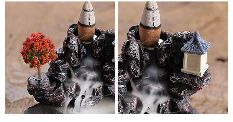 Red Resin Backflow Incense Holder Waterfall Set - Modern Aromatherapy Ornament with Incense Cones
