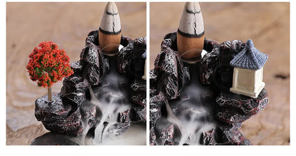 Red Resin Backflow Incense Holder Waterfall Set - Modern Aromatherapy Ornament with Incense Cones
