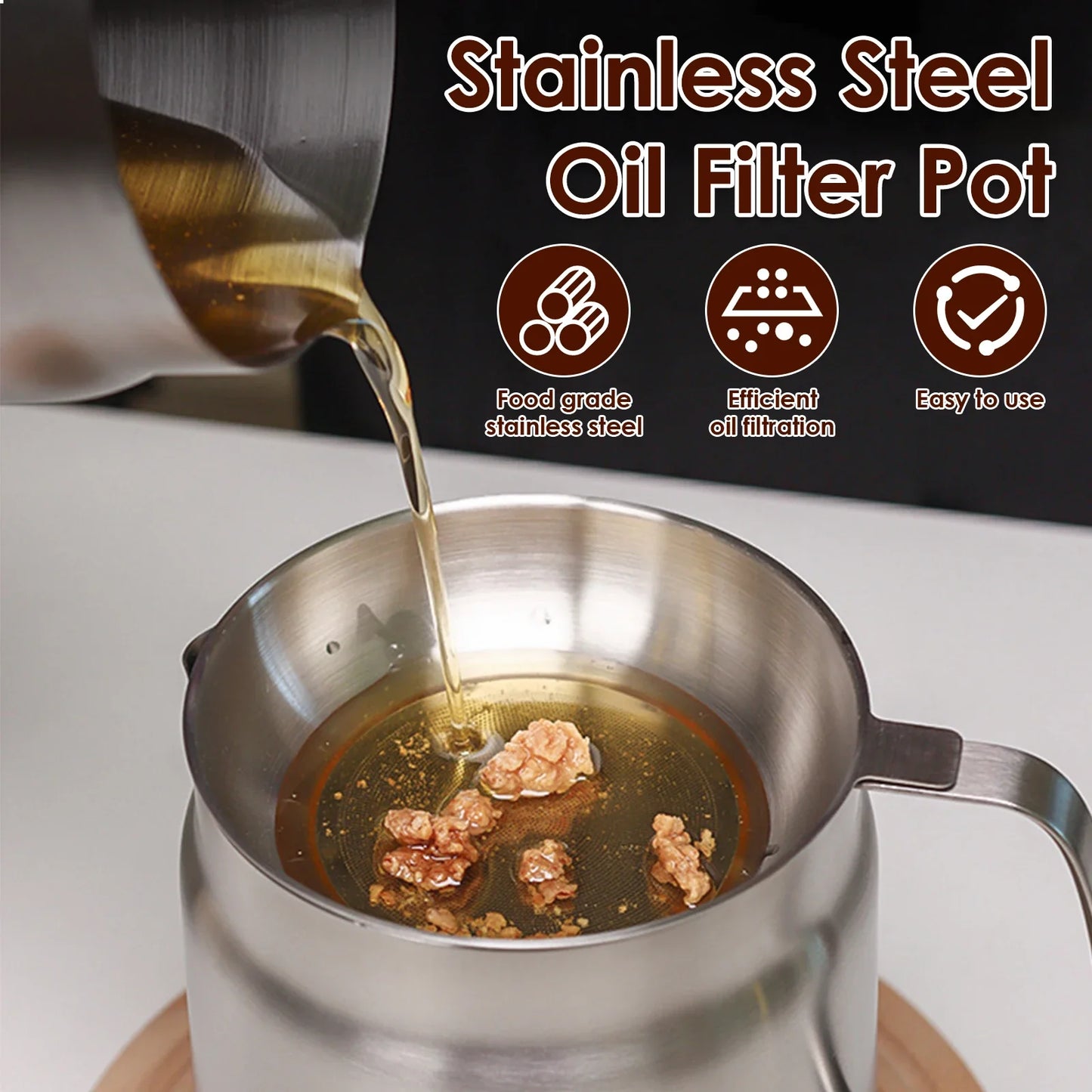 2L Stainless Steel Oil Filter Pot with Fine Mesh Strainer And Fry Basket Silver