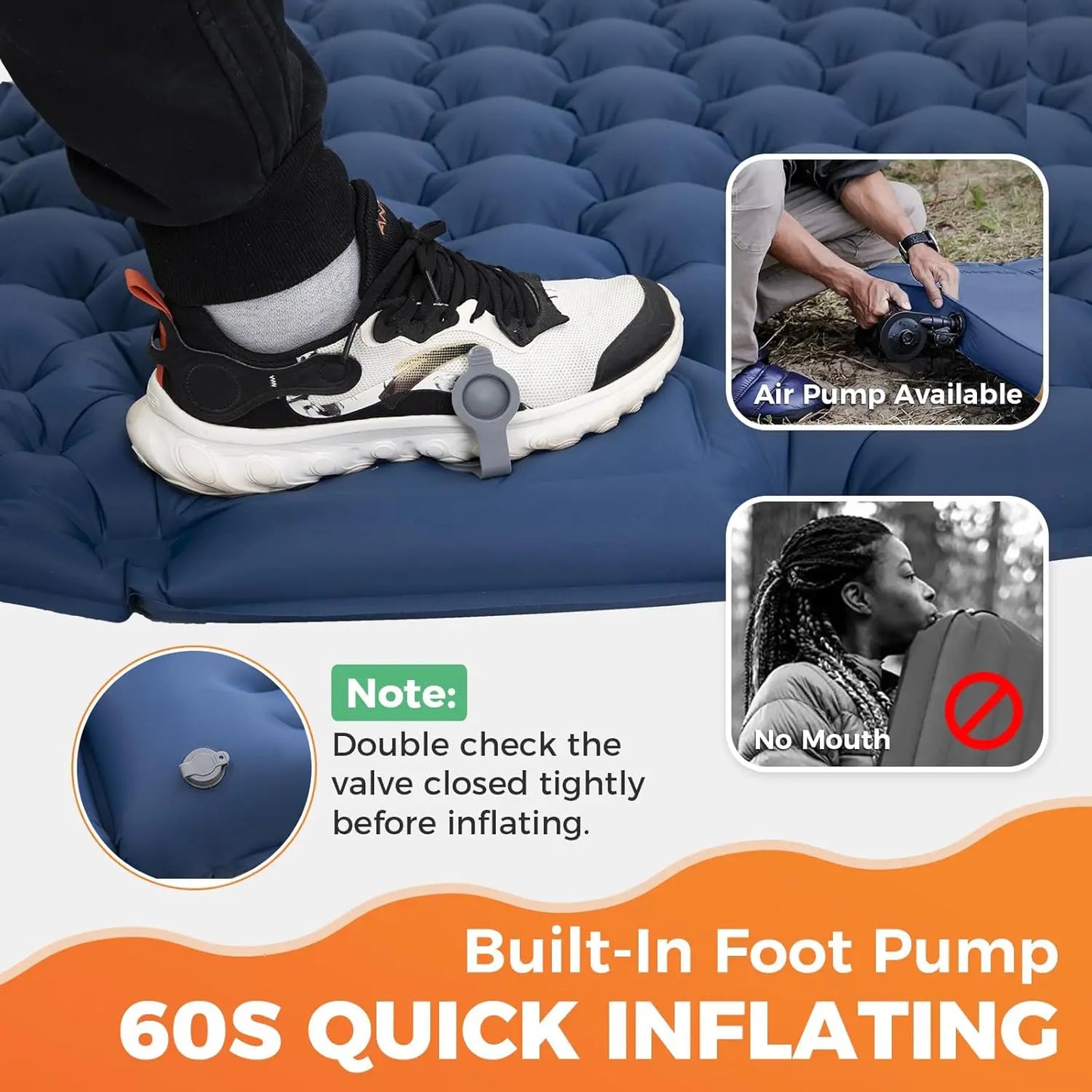 Double Sleeping Pad Inflatable Camping Navy Blue