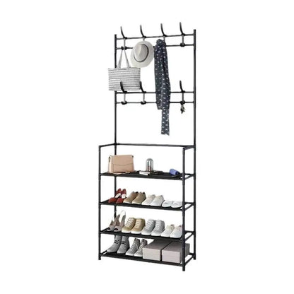 Multifunctional Free-Standing Coat and Shoe Rack Organizer with Storage Shelves and Hooks