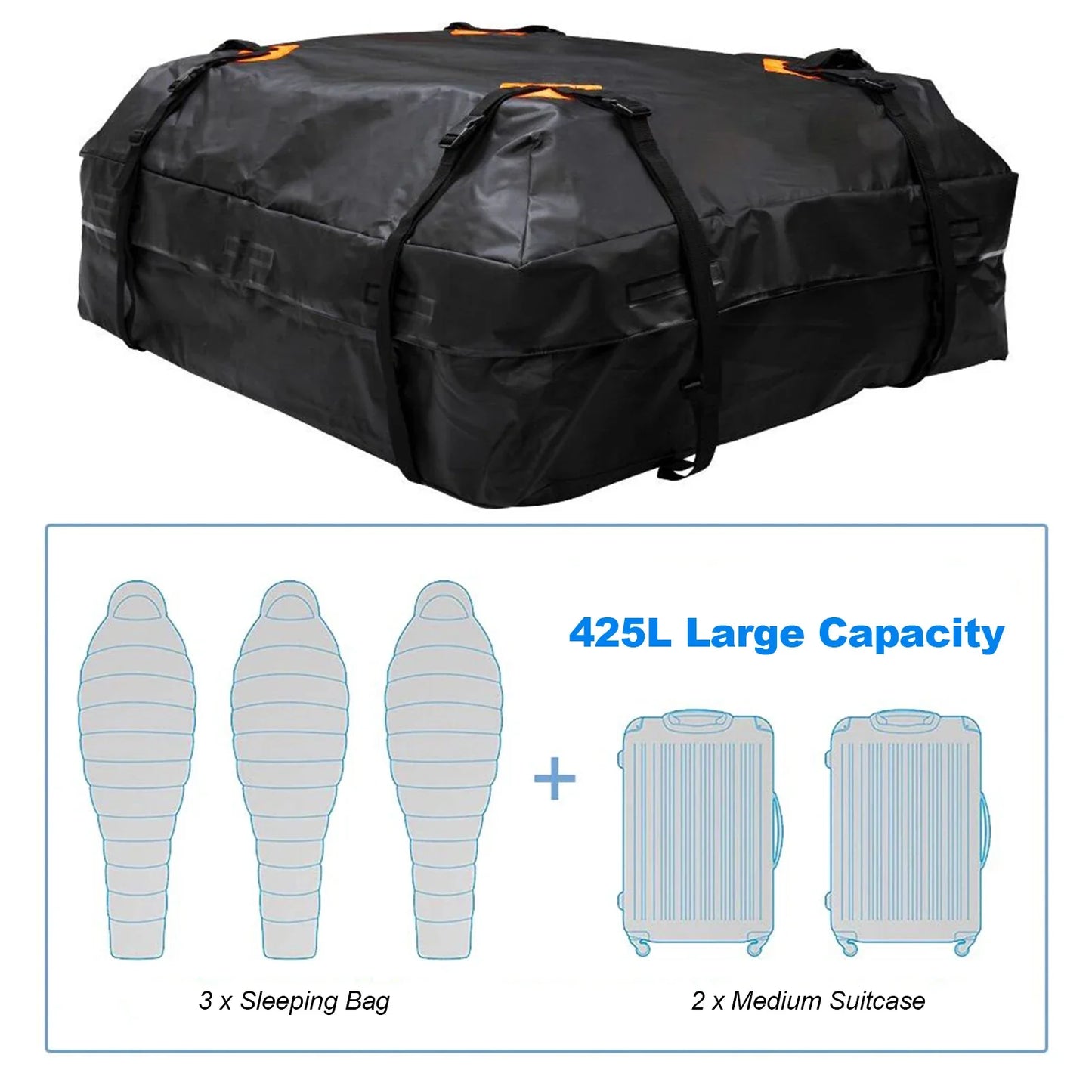 Waterproof Car Roof Cargo Bag 425L Universal Travel Storage Carrier Black