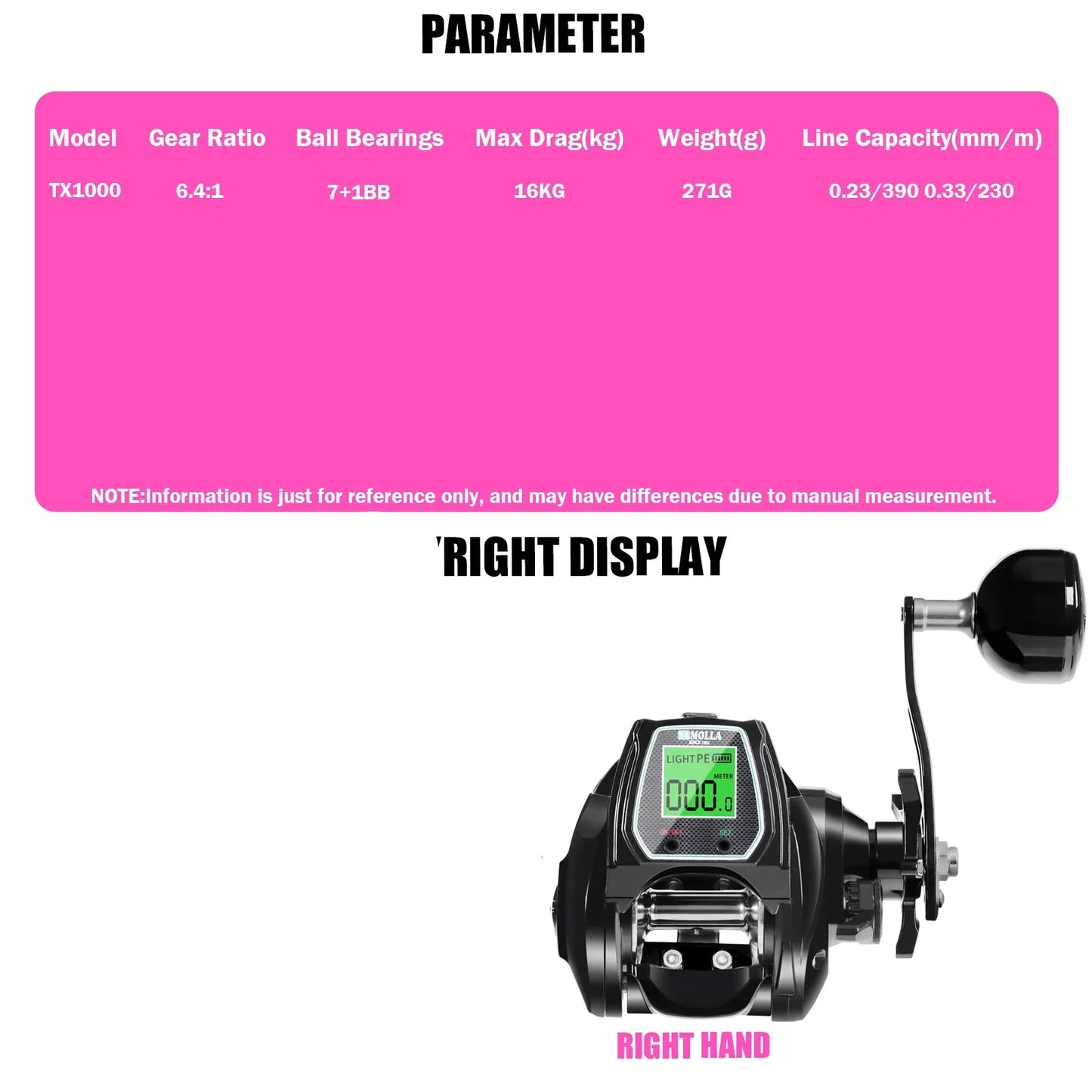 Large Electronic Baitcasting Reel Digital Display Right Hand Black
