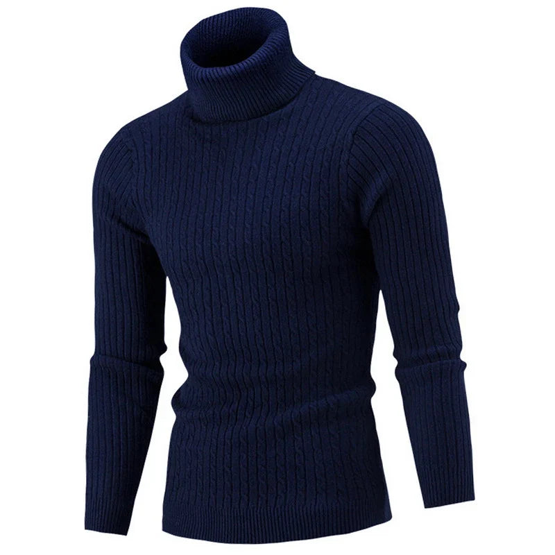 Men's Turtleneck Warm Pullover Knitted Sweater (Navy Blue)