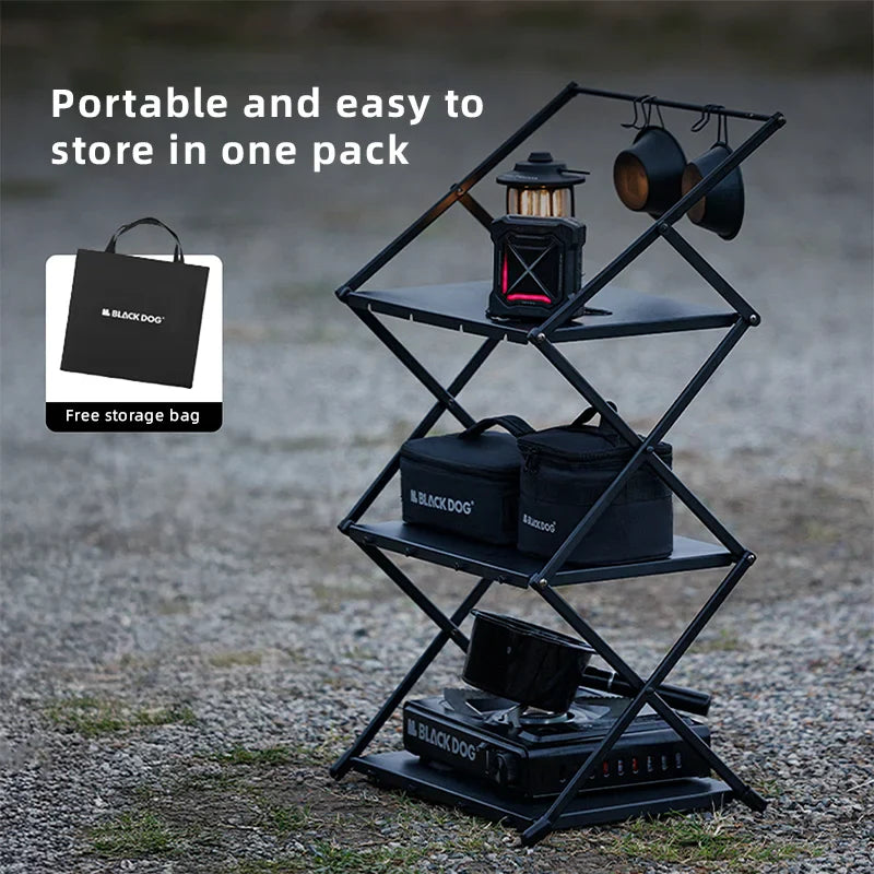 Camping Foldable Storage Organizer Rack Black