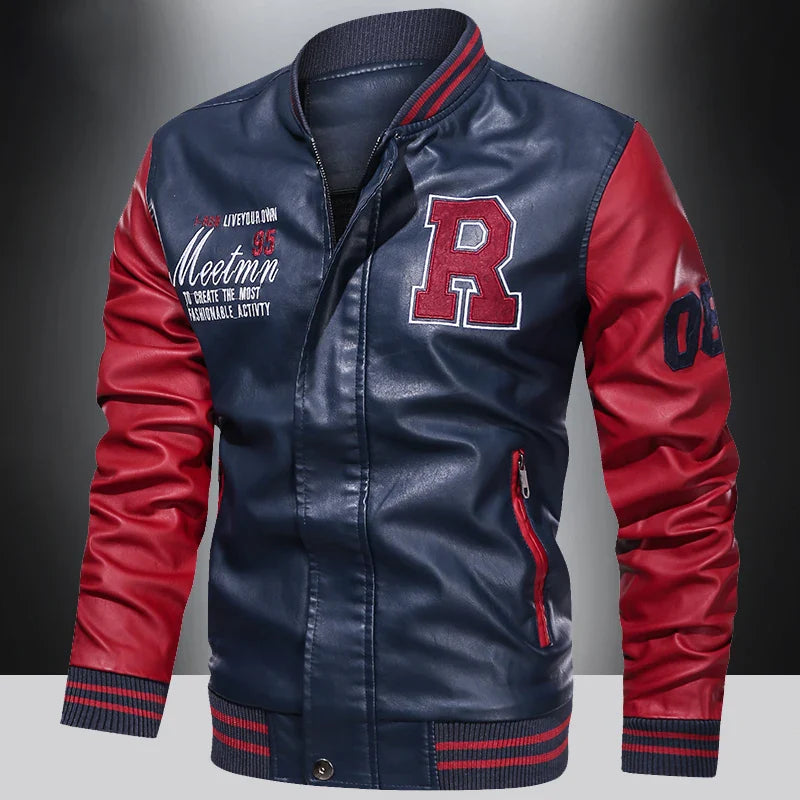 Men's PU Leather Moto Jacket (Blue)