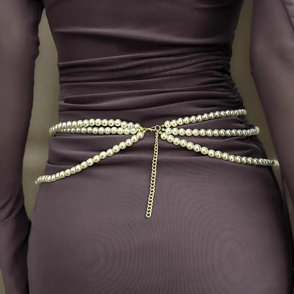 Retro Multilayer Pearl Waist Chain Belt Women (D)