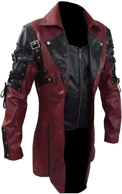 Mens Steampunk Faux Leather Trench Biker Jacket