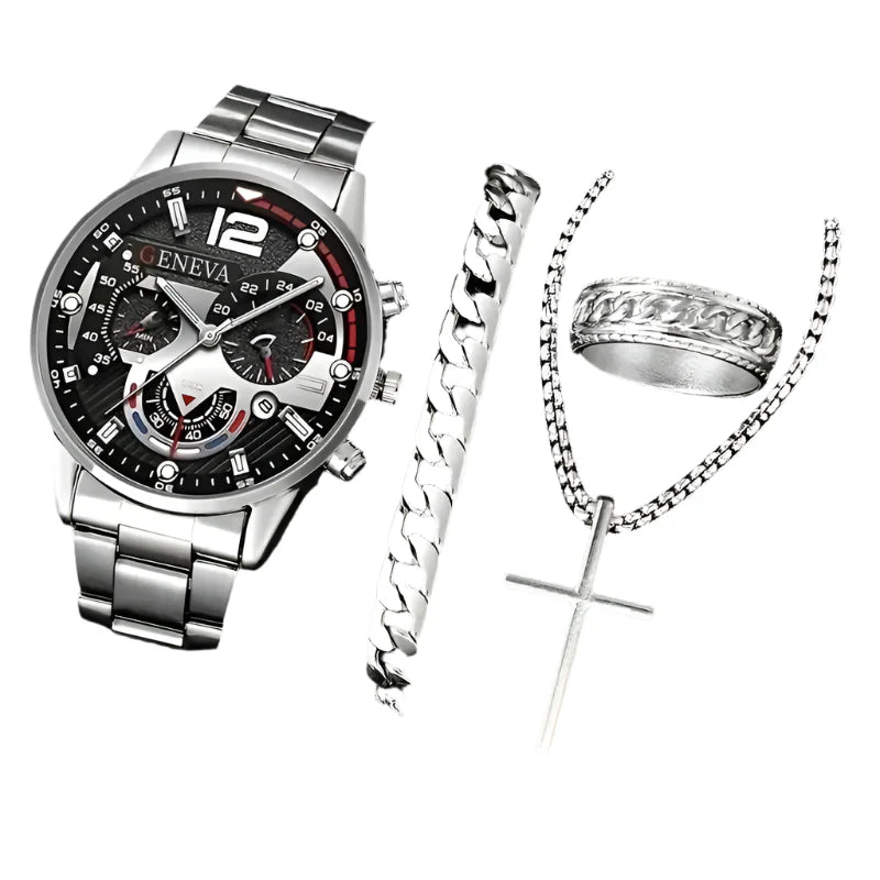 4PCS Men's Stainless Steel Quartz Watch Set (W118-C)