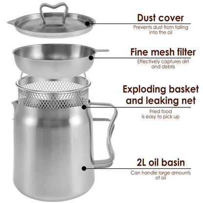 2L Stainless Steel Oil Filter Pot with Fine Mesh Strainer And Fry Basket Silver