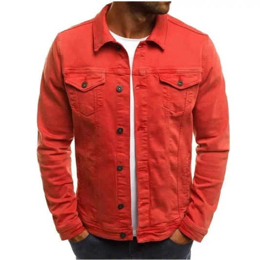Mens Denim Streetwear Jacket Cotton Casual Slim Fit (Red)
