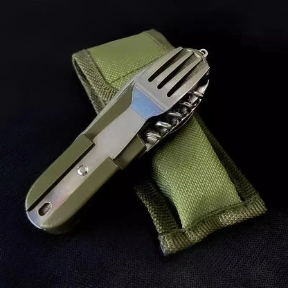 7-in-1 Folding Camping Cutlery Set with Storage Bag Green
