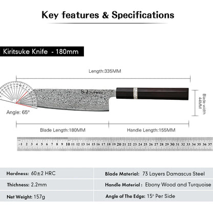 7-Inch Hand-Forged Kiritsuke Knife 73-Layer Damascus Steel Black