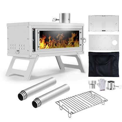 Portable Folding Wood Stove with Chimney Fastfold Tent Stove Silver
