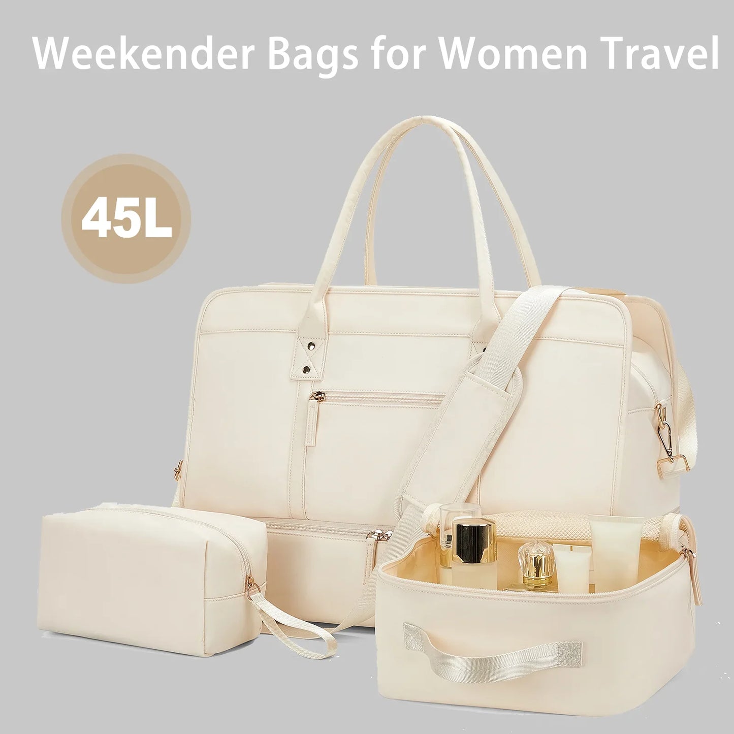 Luggage Travel Bag with Clothes and Toiletry Bag (Beige)