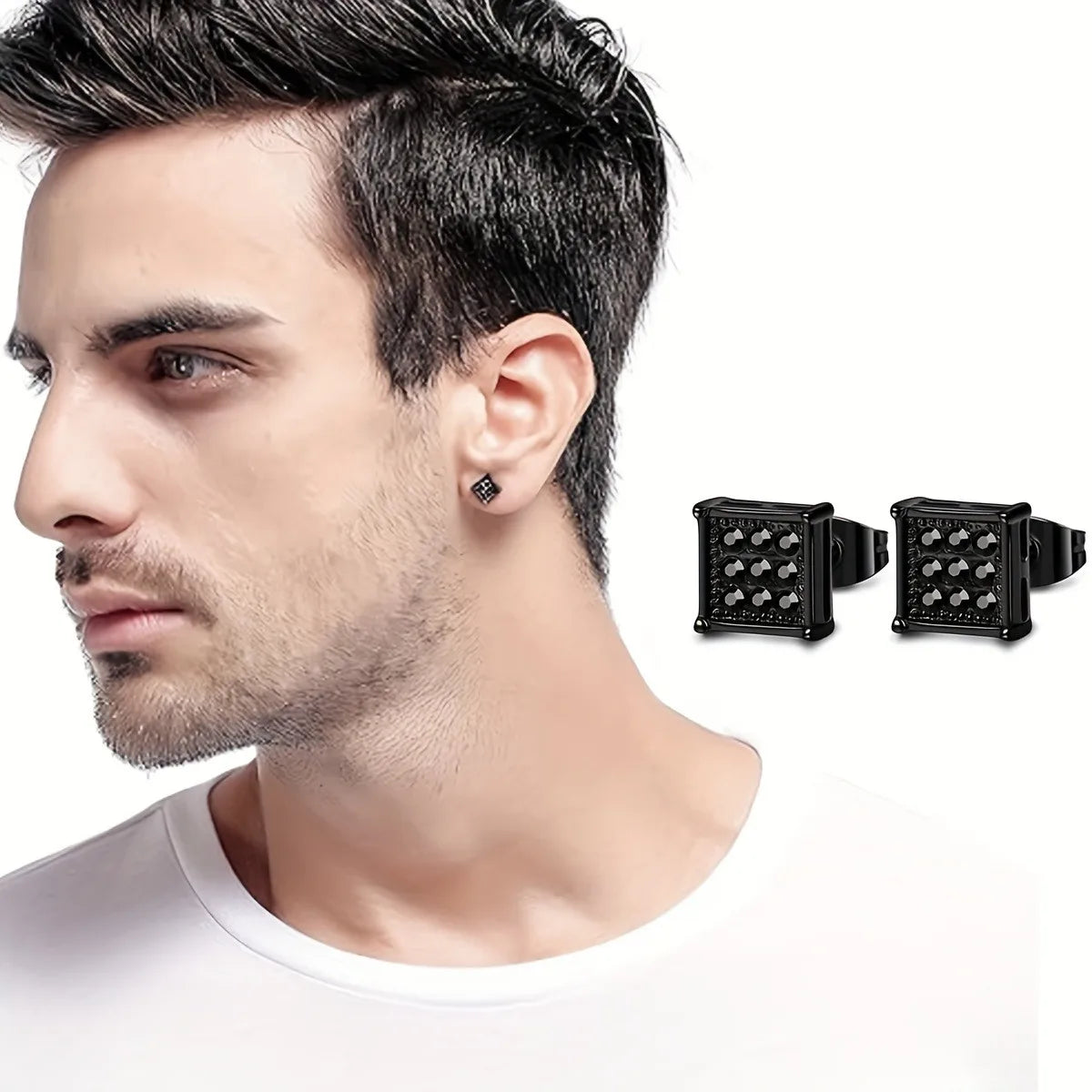 Earrings Stainless Steel 5 Pairs Set for Men (Black)