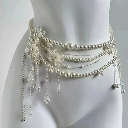 Retro Multilayer Pearl Waist Chain Belt Women (B)