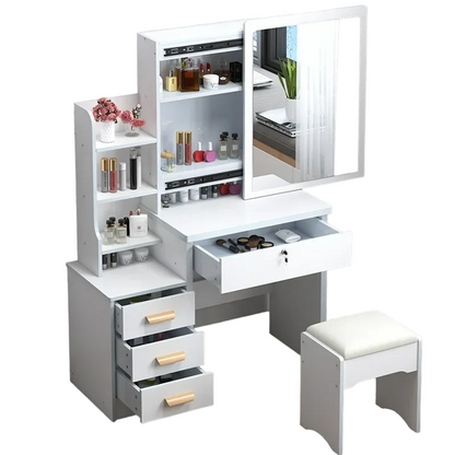 Elegance in Simplicity: White Dressing Table Set with Sliding Mirror & Ample Storage