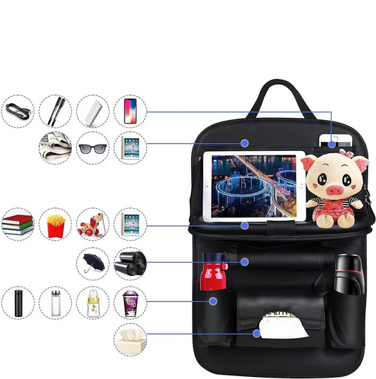 Car Seat Back Organizer with Foldable Table Tray PU Leather Storage Black