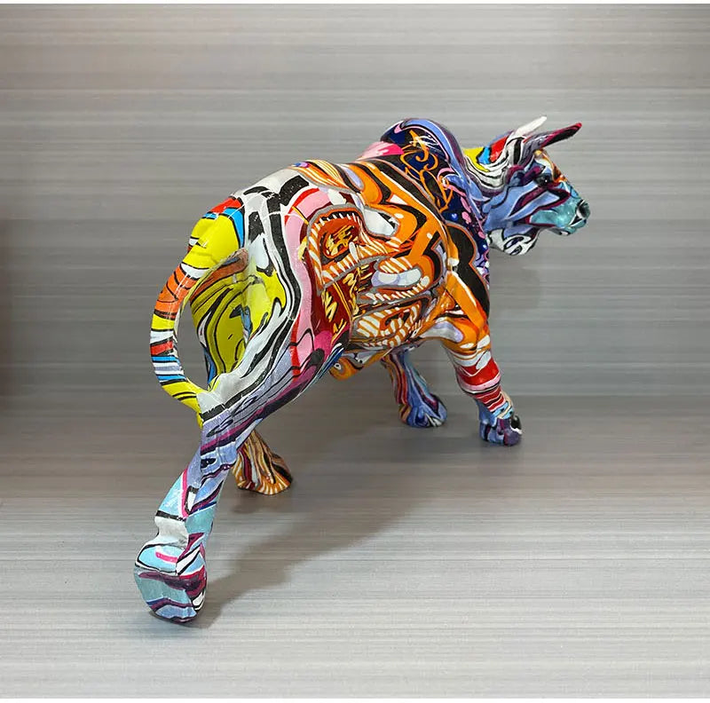 Graffiti Bull Figurine: Artistic Feng Shui Decor for Home and Office