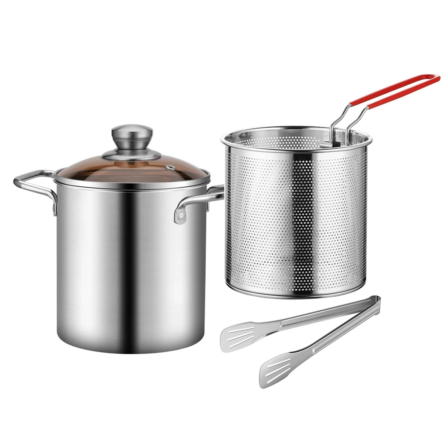 3PCS Deep Fryer Pot Set 304 Stainless Steel Fry Silver