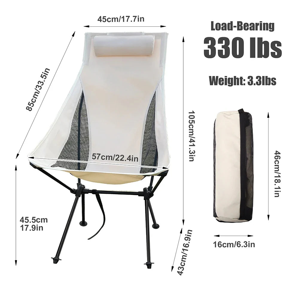 Portable Folding Camping Chair with Headrest Aluminum Beige