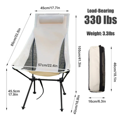 Portable Folding Camping Chair with Headrest Aluminum Beige